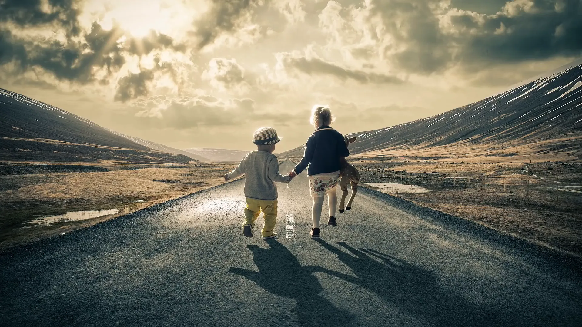 How to add Shadows in Photoshop Tutorial image showing two kids walking down a road with shadows cast
